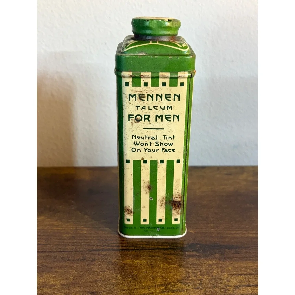 EMPTY 1930s Mennen Talcum For Men Tin Art Deco Green Advertising Powder Can VTG
